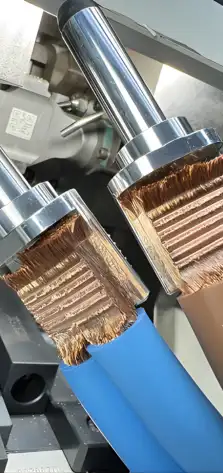 Close-up of copper terminals and cabling on production equipment