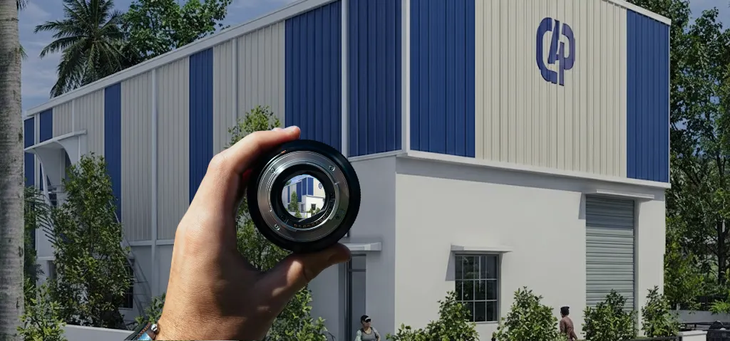 Camera lens focused on a manufacturing facility, illustrating company vision